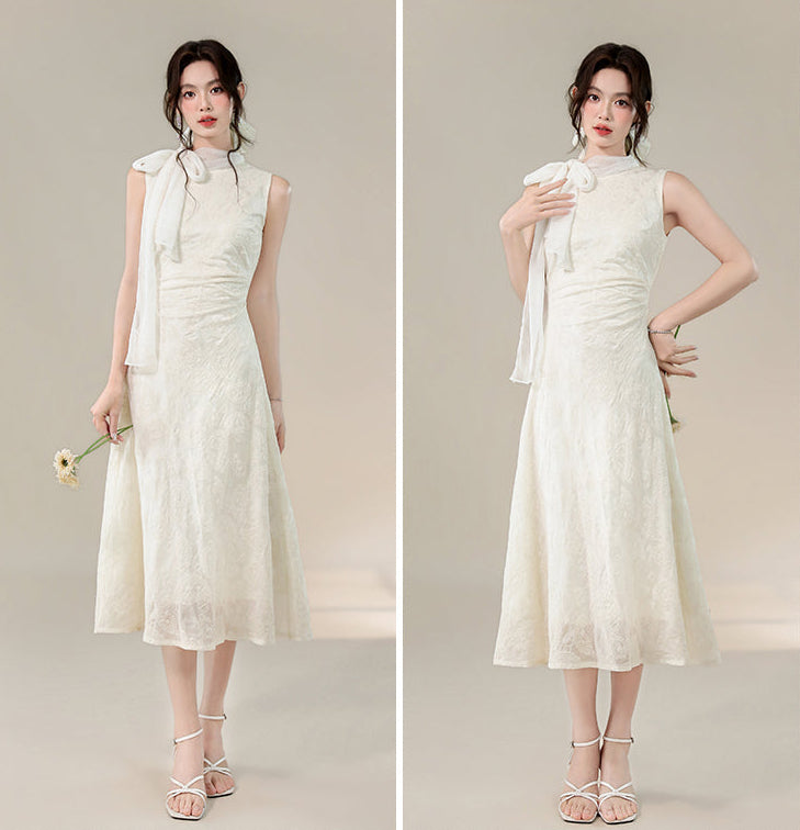 Sleeveless Mock Neck Bow A-Line Dress