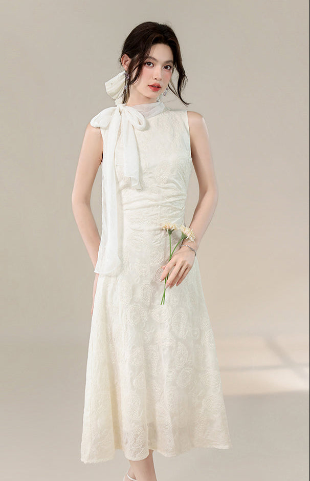 Sleeveless Mock Neck Bow A-Line Dress