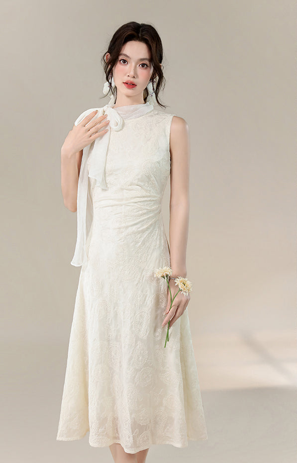 Sleeveless Mock Neck Bow A-Line Dress