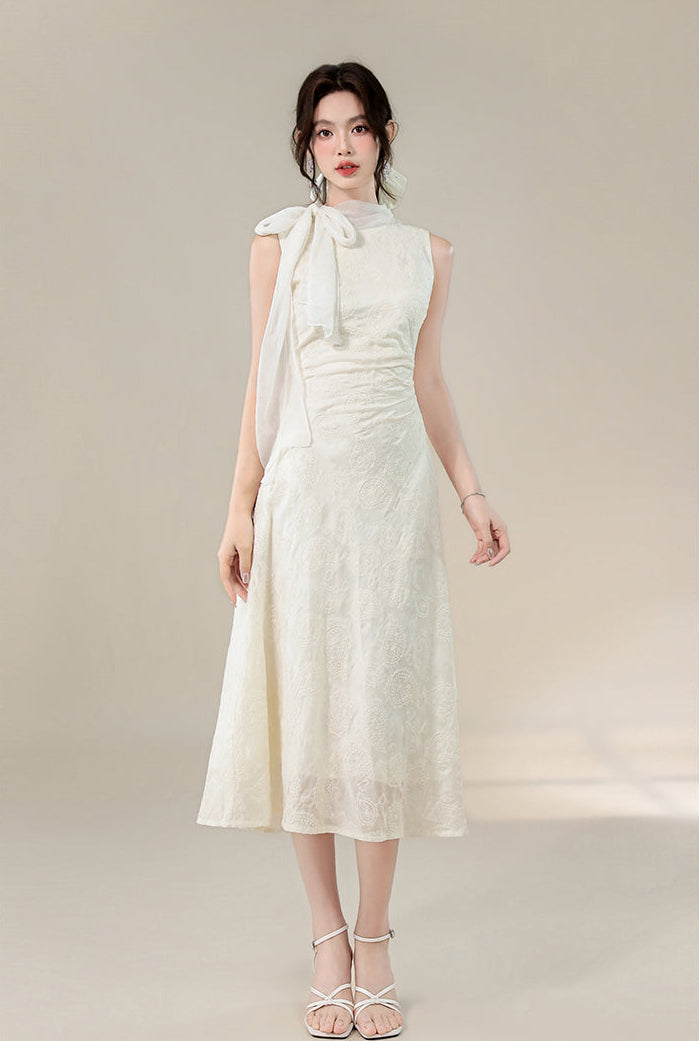 Sleeveless Mock Neck Bow A-Line Dress