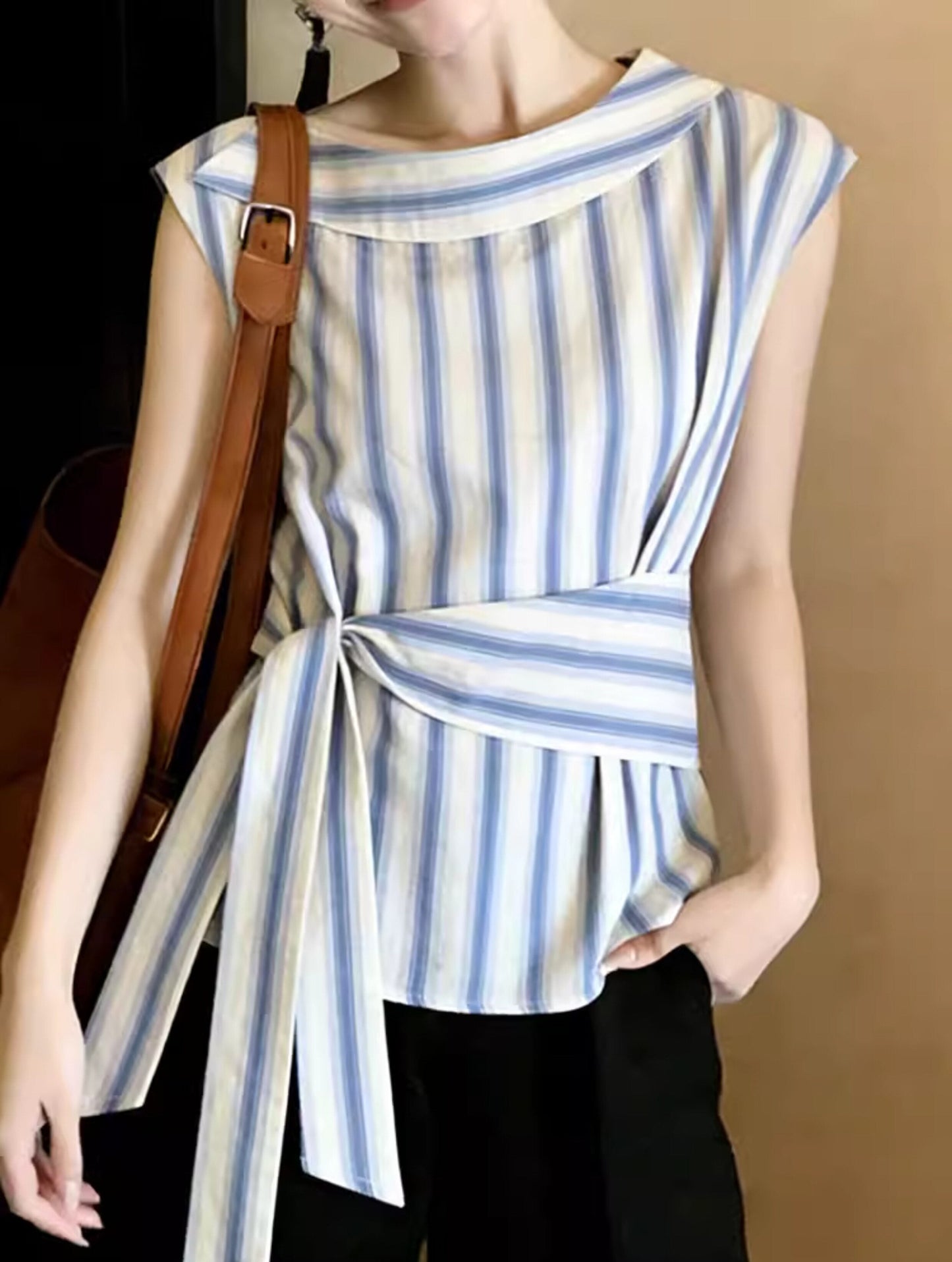 Nautical Striped Sleeveless Boatneck Top With Side-Tie Waist