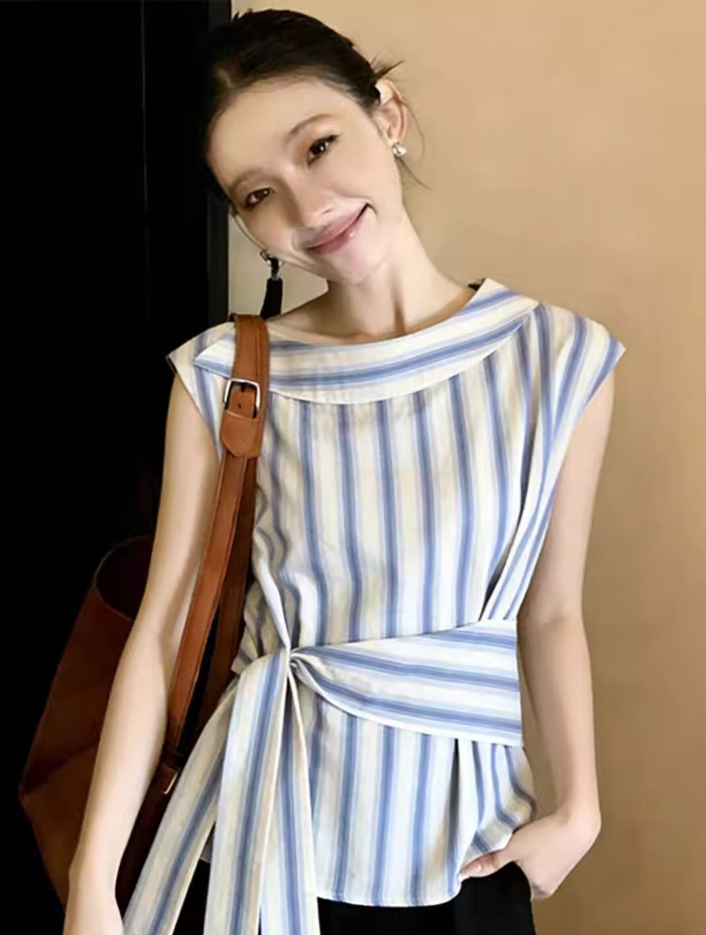 Nautical Striped Sleeveless Boatneck Top With Side-Tie Waist