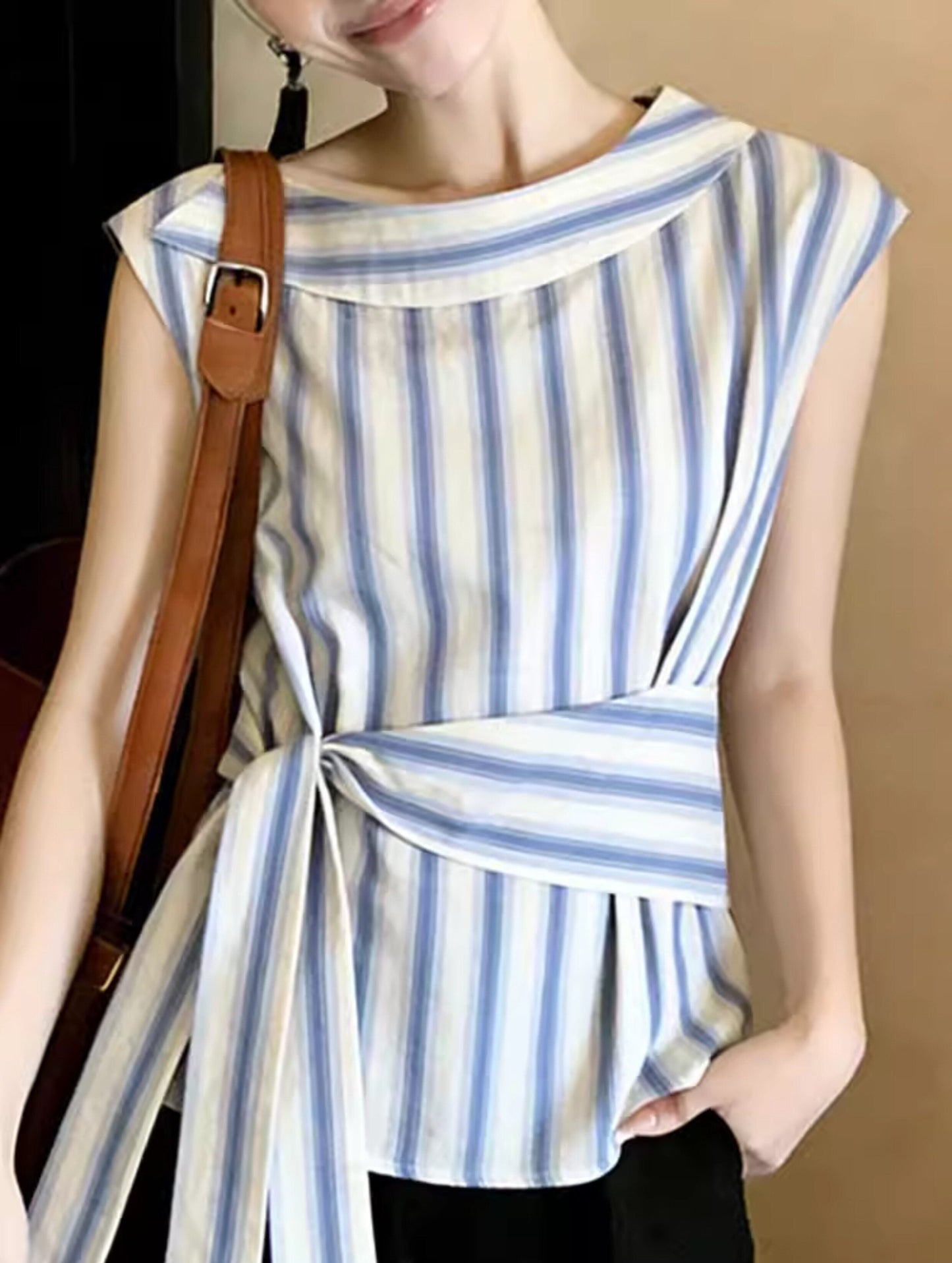 Nautical Striped Sleeveless Boatneck Top With Side-Tie Waist