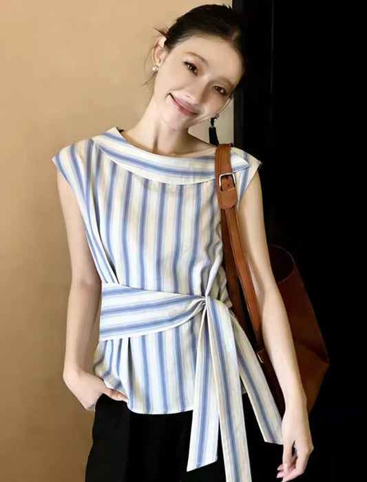 Nautical Striped Sleeveless Boatneck Top With Side-Tie Waist