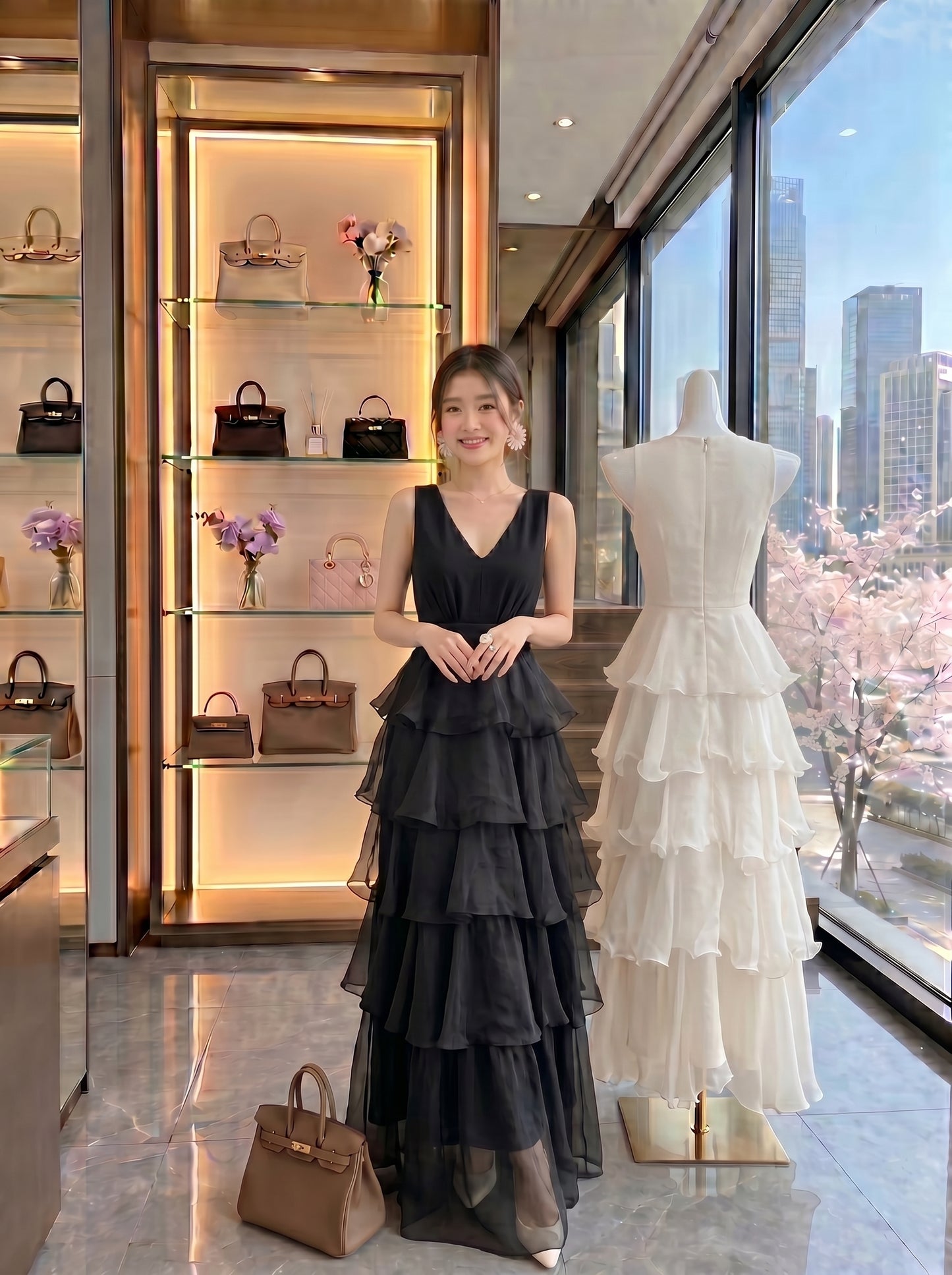Sleeveless Tiered Chiffon Long Evening Dress