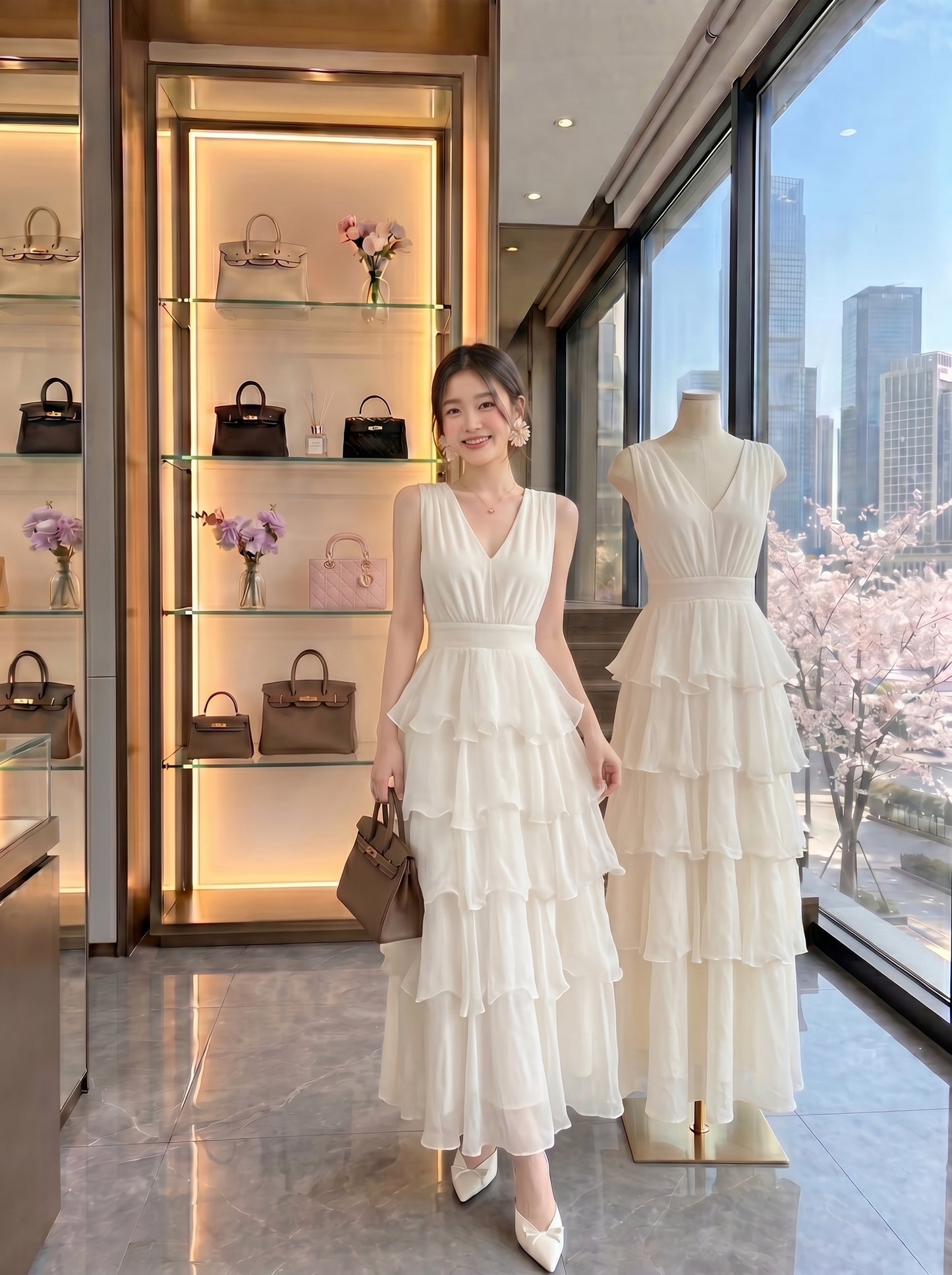 Sleeveless Tiered Chiffon Long Evening Dress