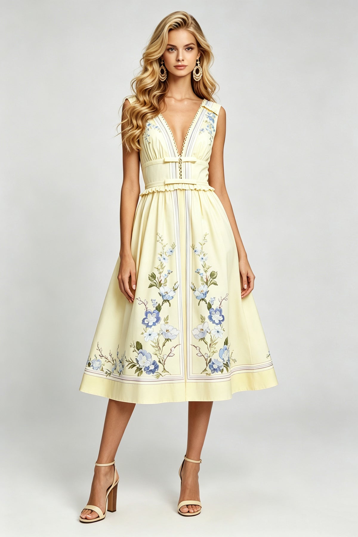 Sleeveless V-Neck Ruffle Midi Dress with Bow Accent