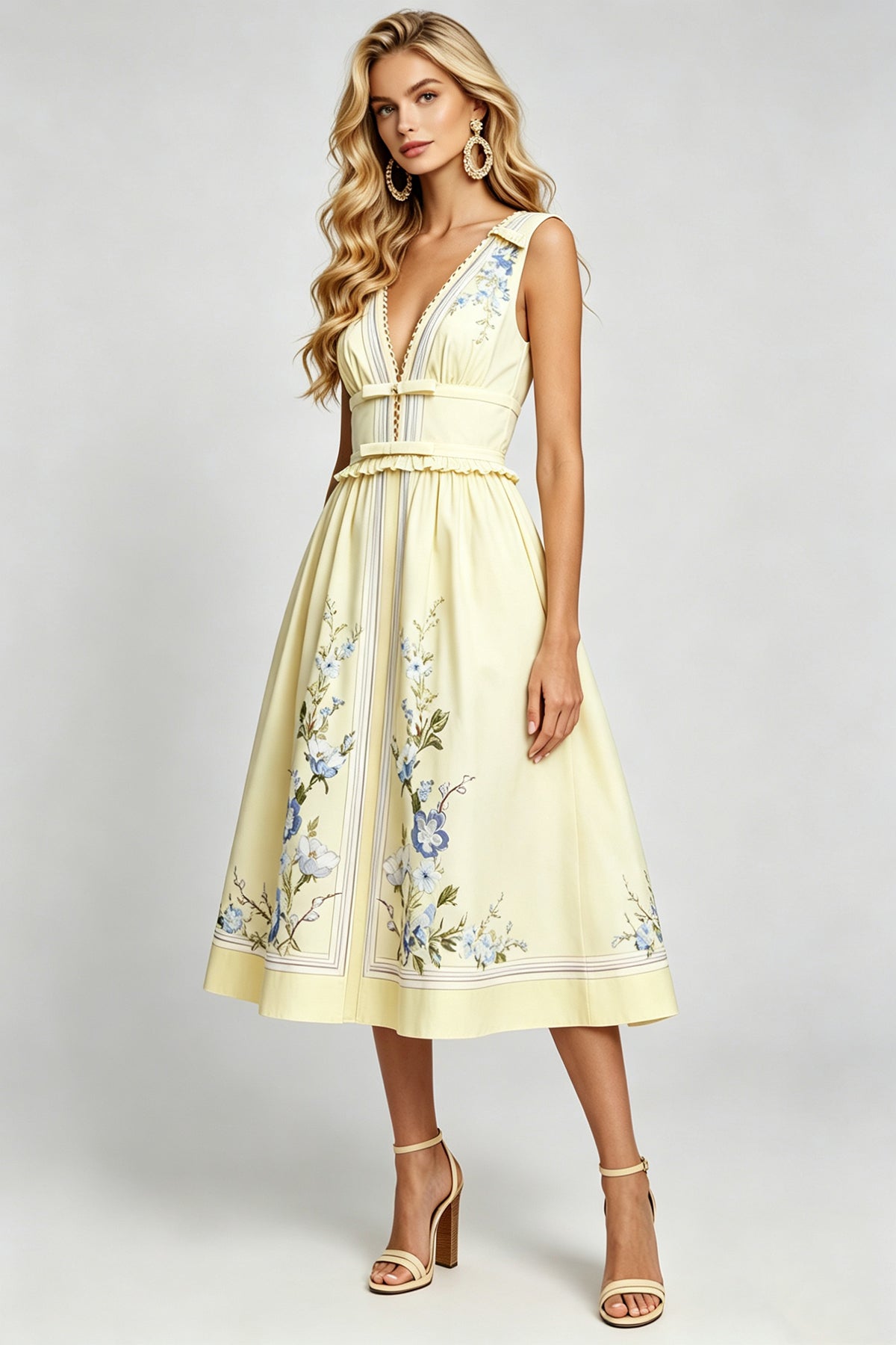 Sleeveless V-Neck Ruffle Midi Dress with Bow Accent