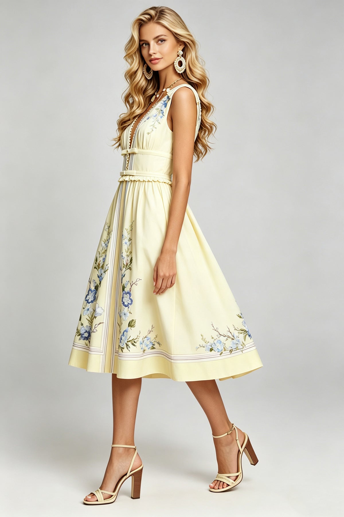 Sleeveless V-Neck Ruffle Midi Dress with Bow Accent
