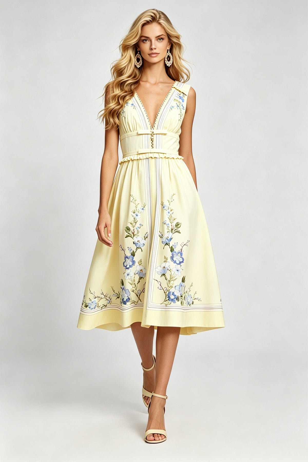 Sleeveless V-Neck Ruffle Midi Dress with Bow Accent