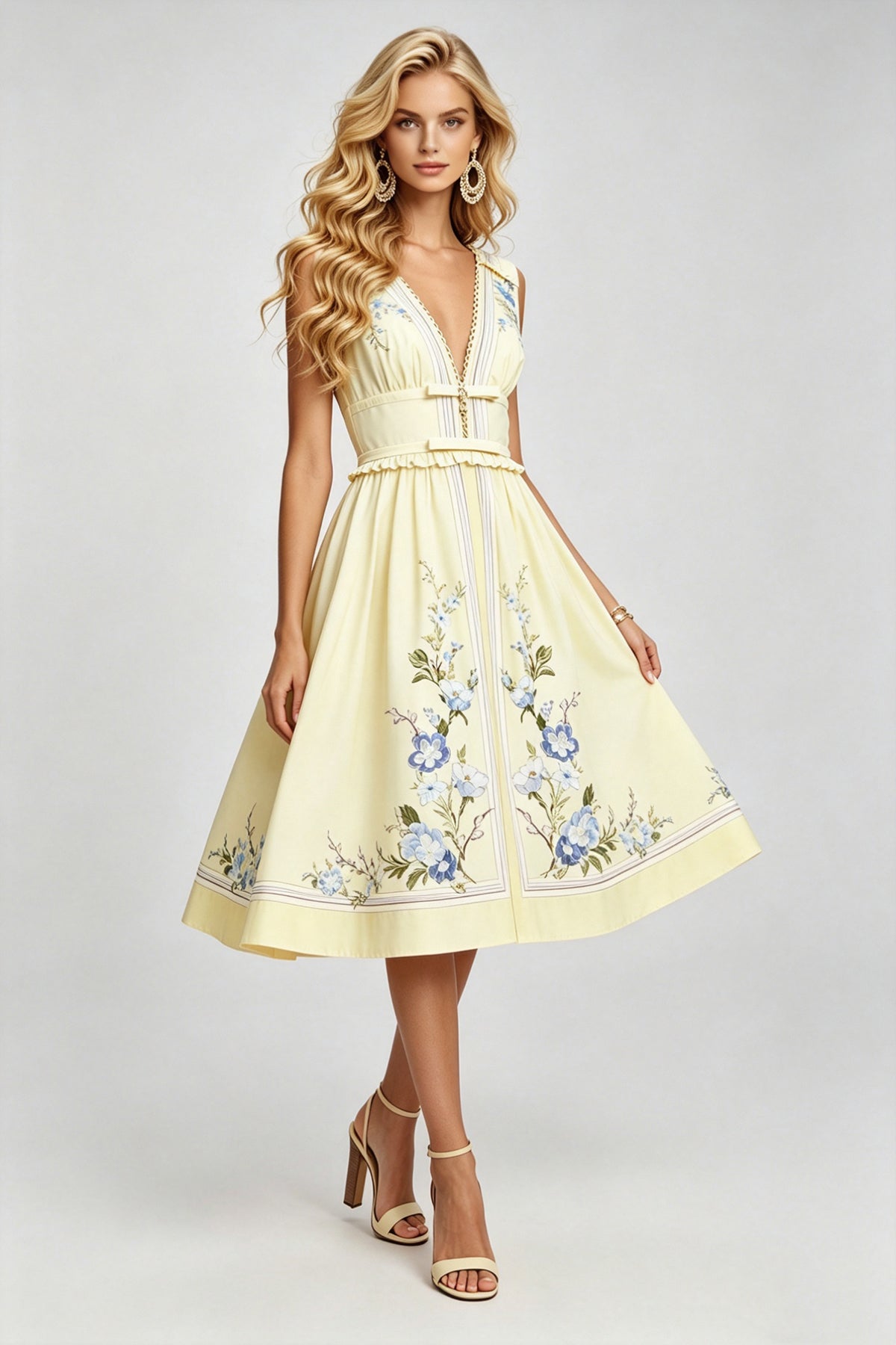 Sleeveless V-Neck Ruffle Midi Dress with Bow Accent