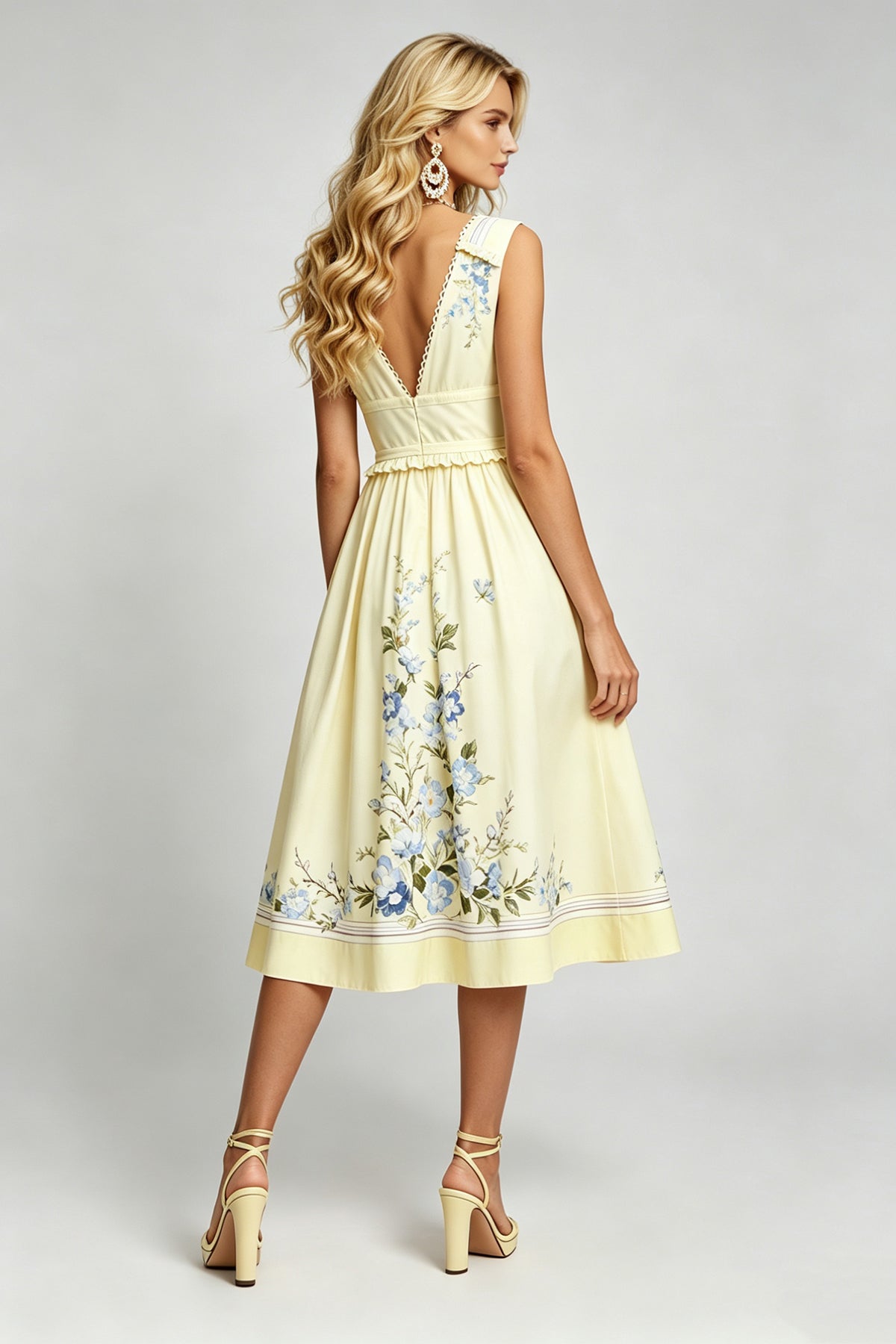 Sleeveless V-Neck Ruffle Midi Dress with Bow Accent