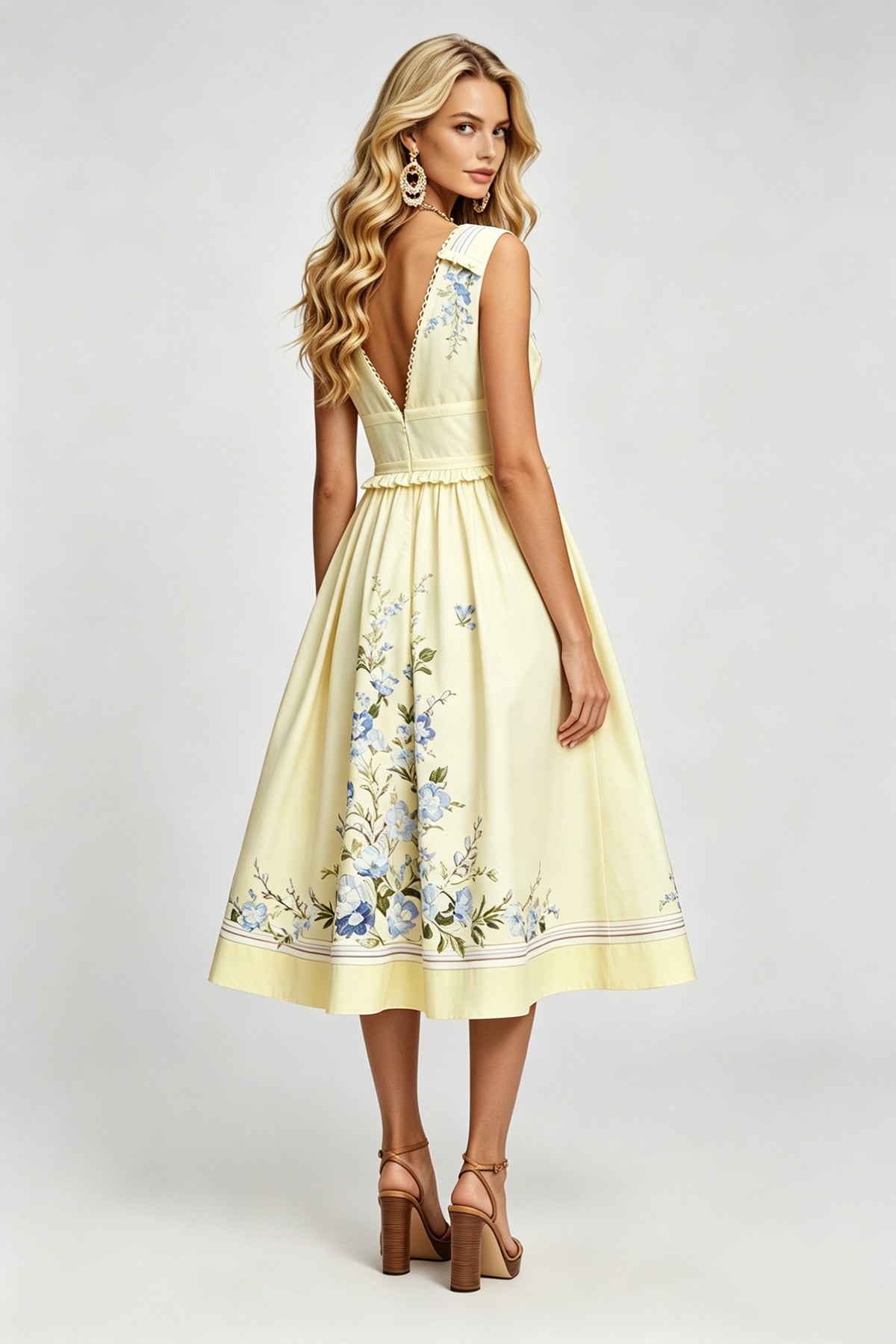 Sleeveless V-Neck Ruffle Midi Dress with Bow Accent