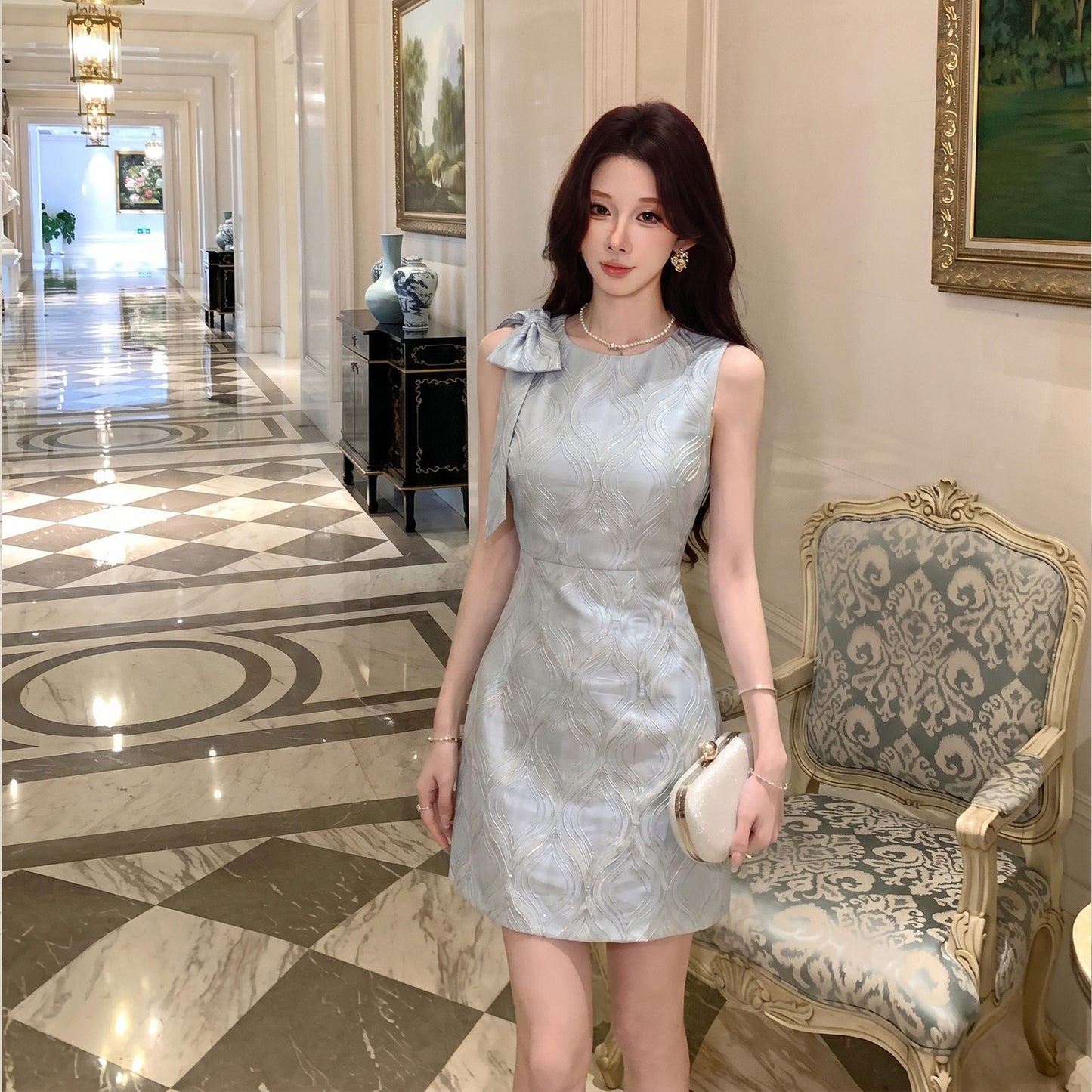 Sleeveless Wavy A-Line Mini Dress With Shoulder Bow