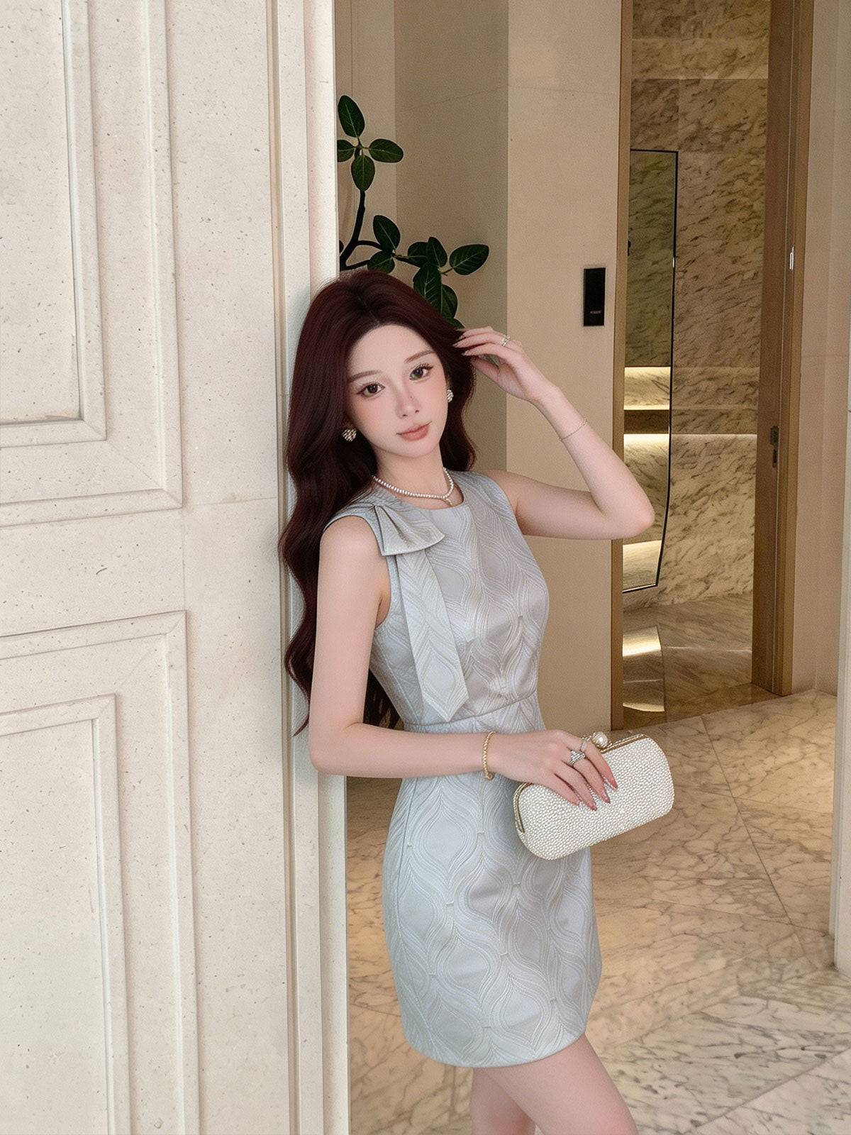 Sleeveless Wavy A-Line Mini Dress With Shoulder Bow