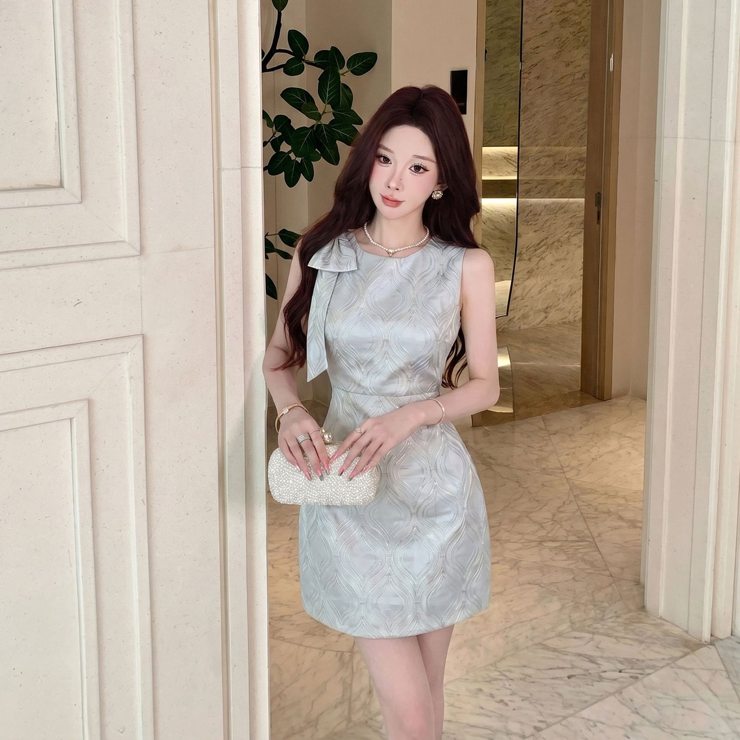 Sleeveless Wavy A-Line Mini Dress With Shoulder Bow