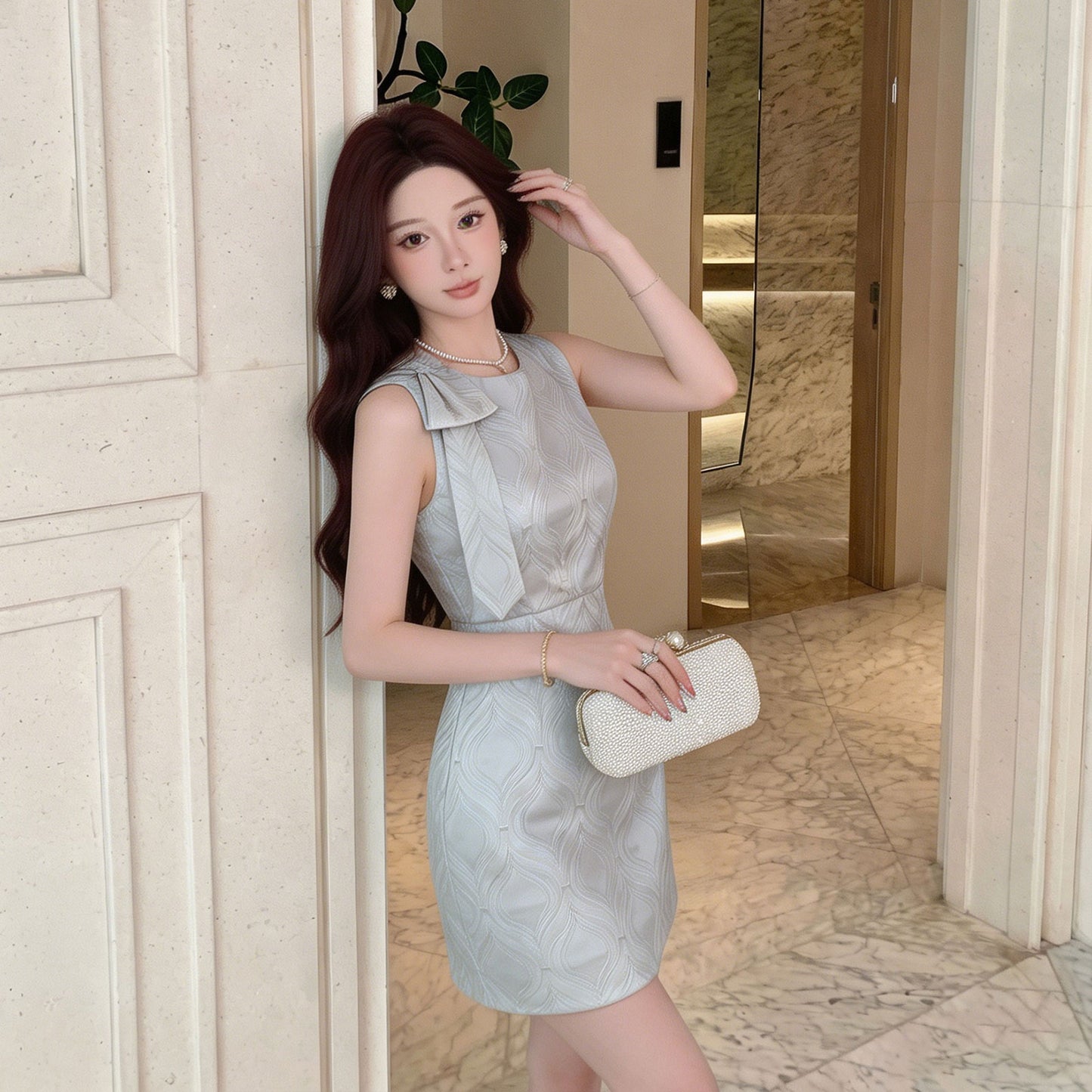 Sleeveless Wavy A-Line Mini Dress With Shoulder Bow
