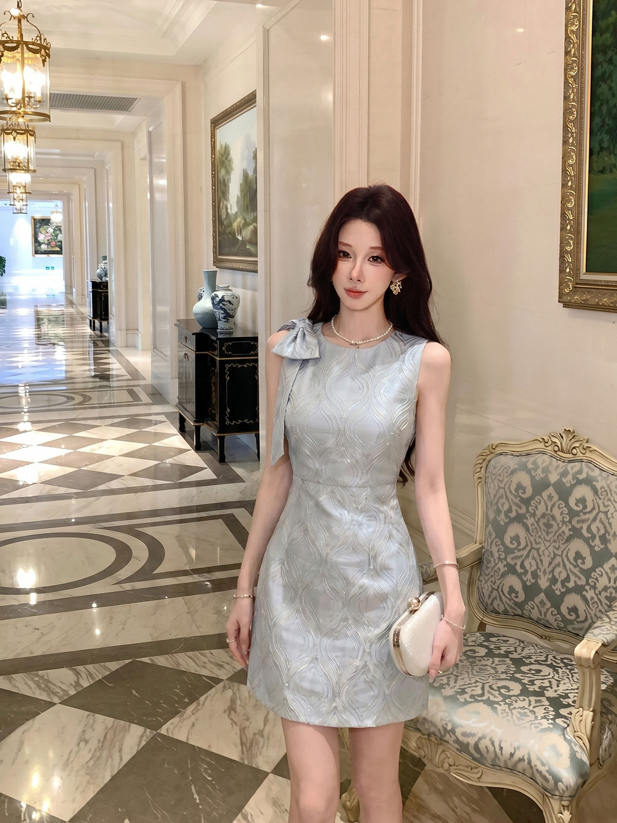 Sleeveless Wavy A-Line Mini Dress With Shoulder Bow