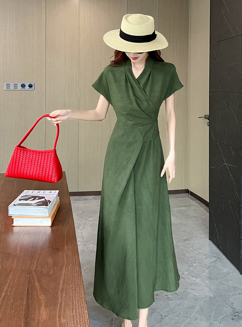 Sleeveless & Short Sleeve Overlap Collar A-Line Maxi Dress for Women