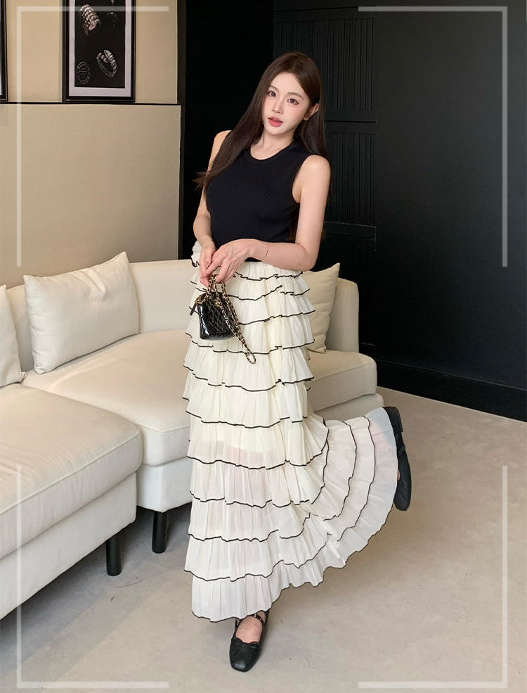 Pleated Cake Skirt Set with Contrast Piping