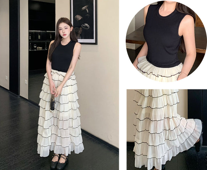 Pleated Cake Skirt Set with Contrast Piping