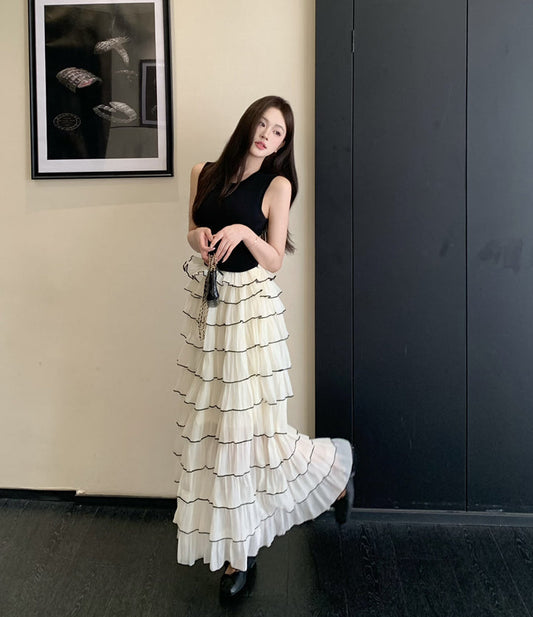 Pleated Cake Skirt Set with Contrast Piping