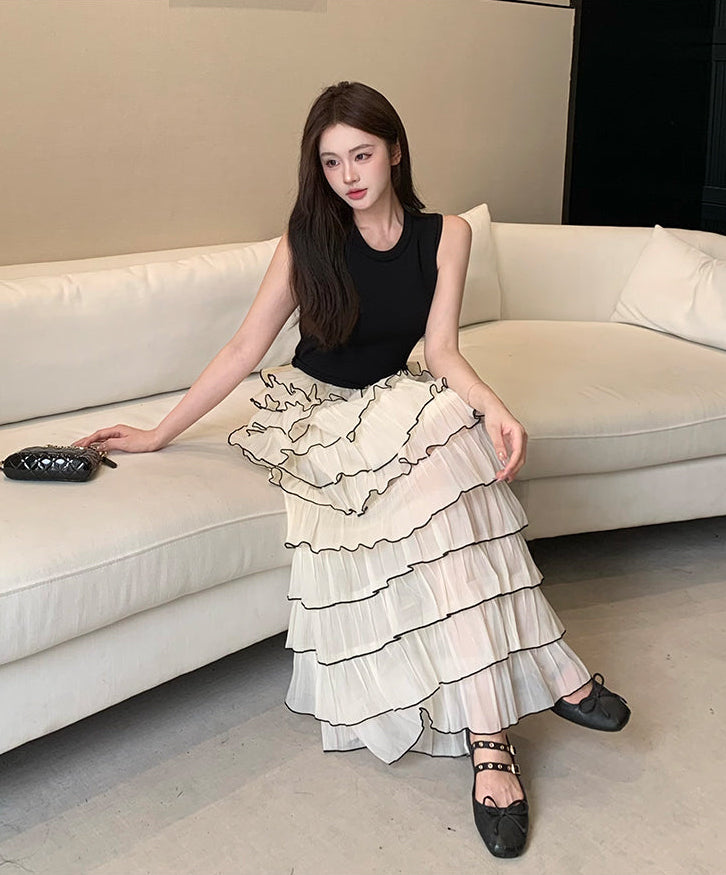 Pleated Cake Skirt Set with Contrast Piping