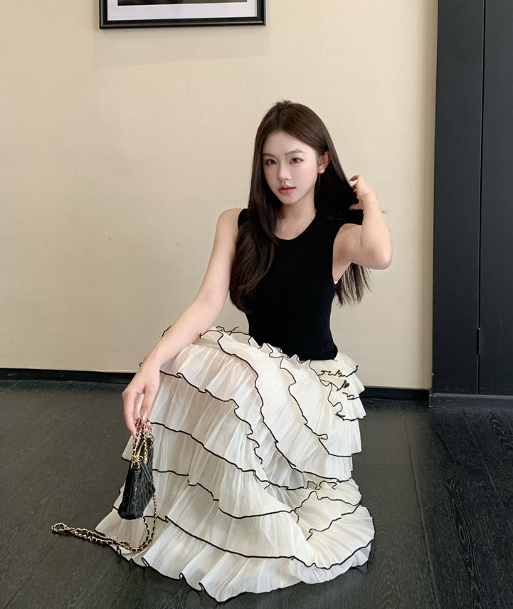 Pleated Cake Skirt Set with Contrast Piping