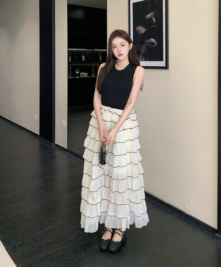 Pleated Cake Skirt Set with Contrast Piping