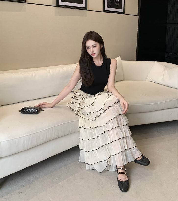 Pleated Cake Skirt Set with Contrast Piping