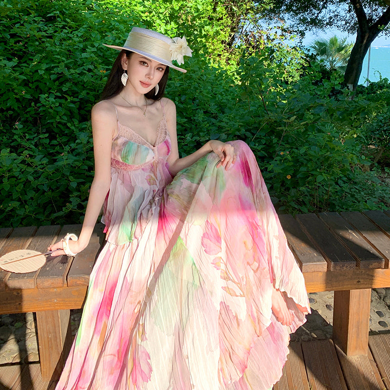 Soft Flora Pleated Lace Bustier Maxi Dress