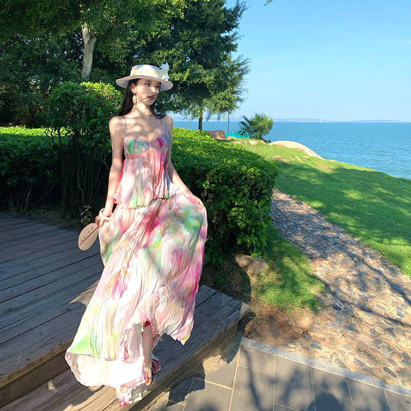 Soft Flora Pleated Lace Bustier Maxi Dress