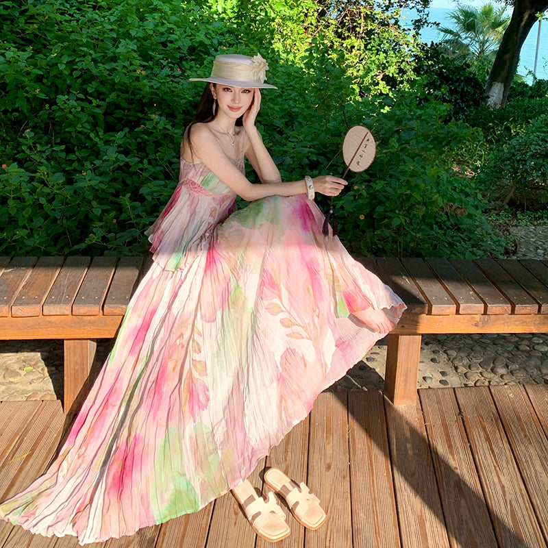 Soft Flora Pleated Lace Bustier Maxi Dress