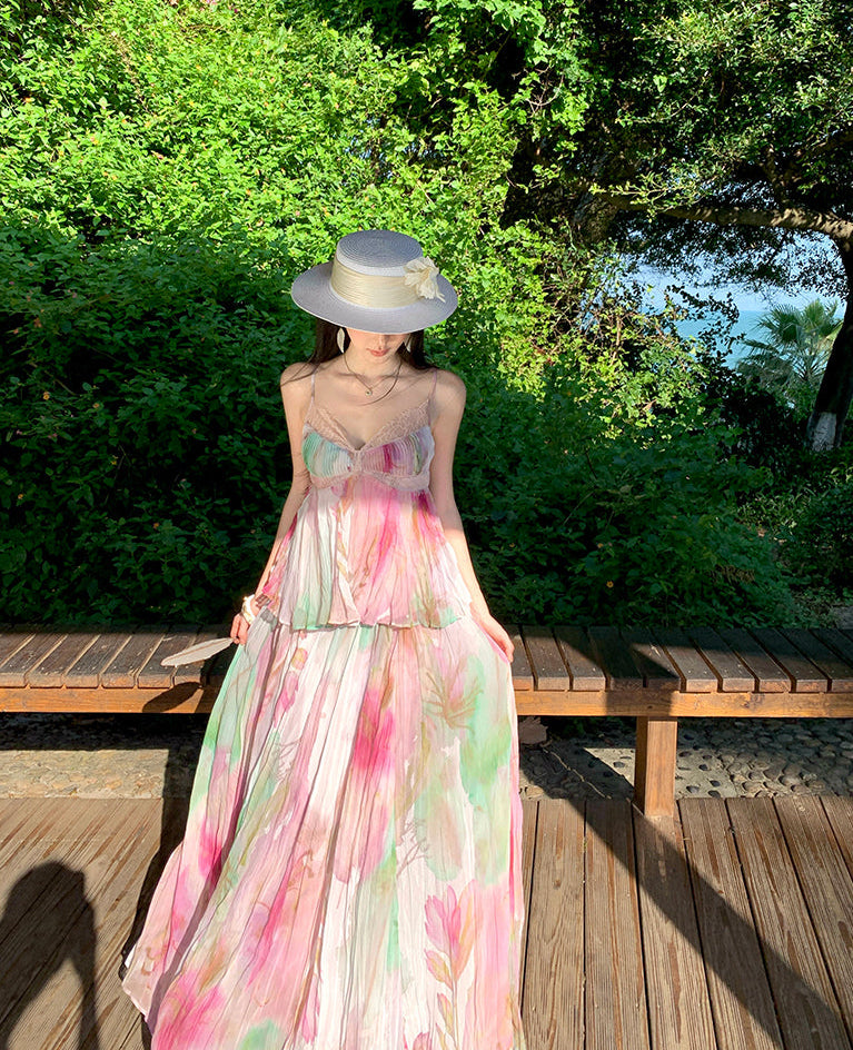 Soft Flora Pleated Lace Bustier Maxi Dress