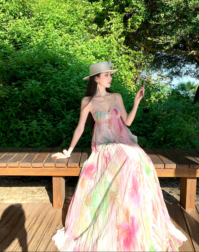 Soft Flora Pleated Lace Bustier Maxi Dress