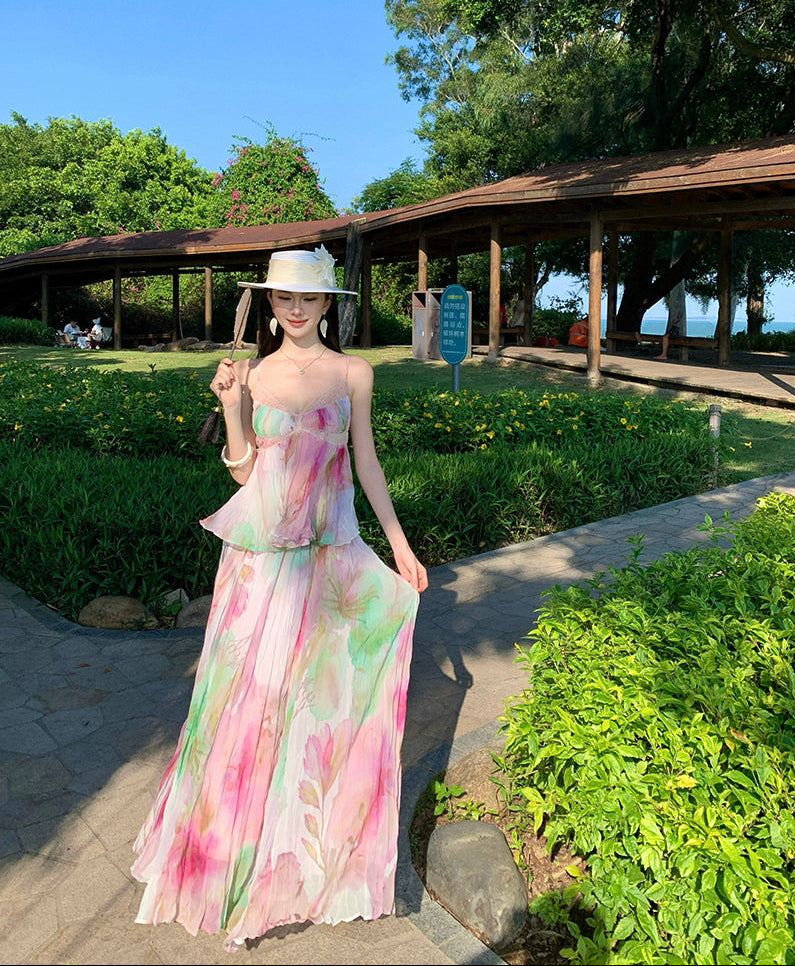Soft Flora Pleated Lace Bustier Maxi Dress