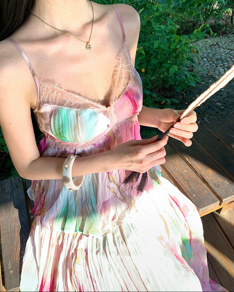 Soft Flora Pleated Lace Bustier Maxi Dress