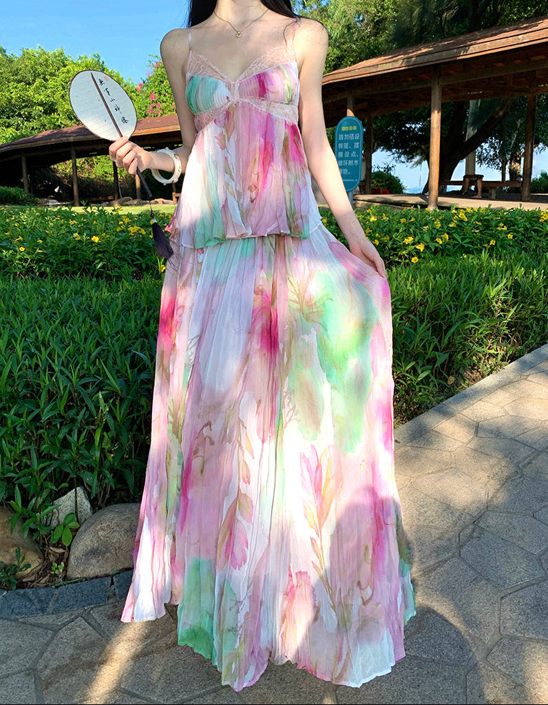 Soft Flora Pleated Lace Bustier Maxi Dress