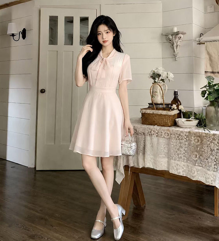 Plus Size French Blush Tie-Neck Chiffon Dress (Mini & Midi Lengths)