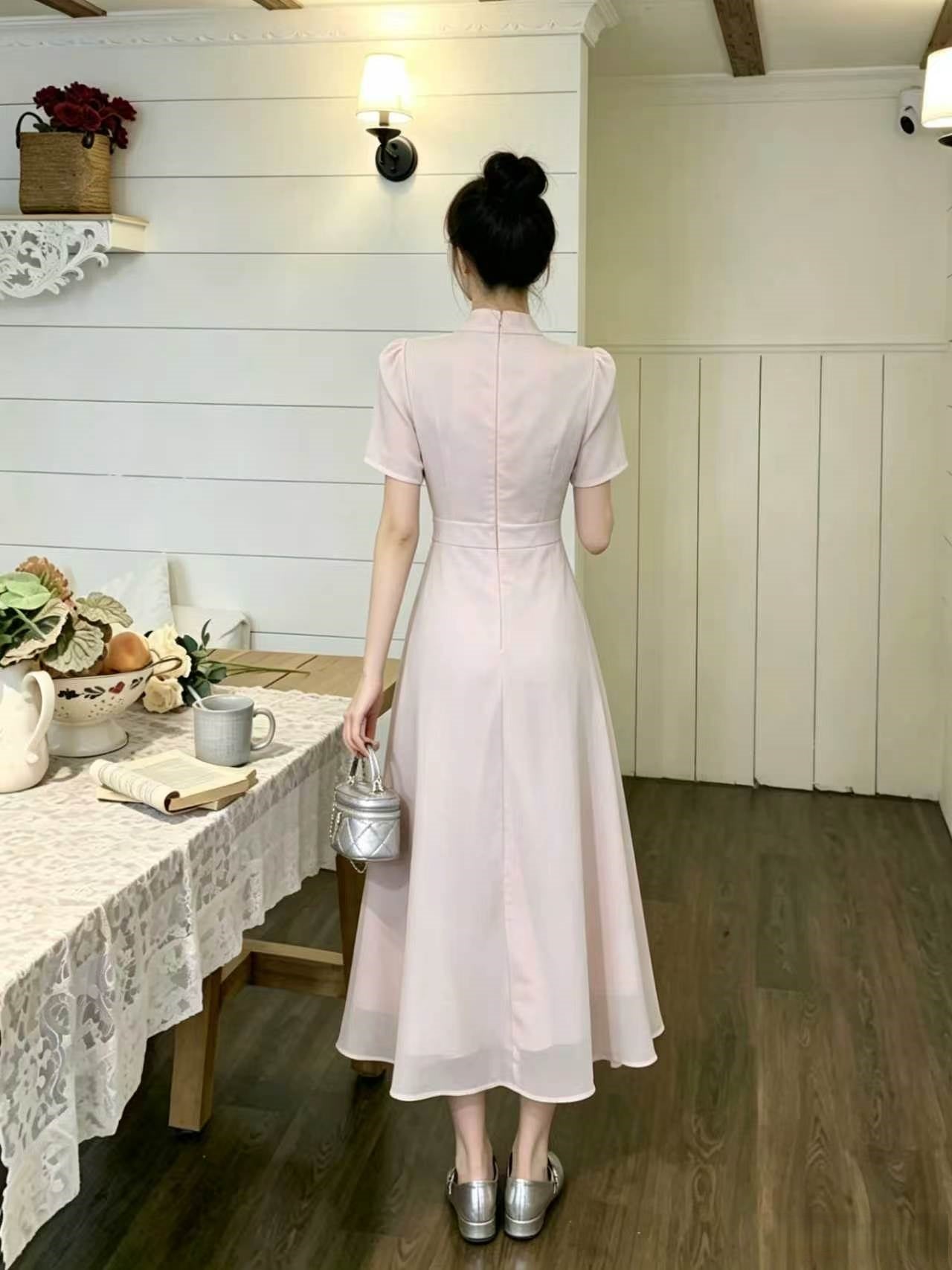 Plus Size French Blush Tie-Neck Chiffon Dress (Mini & Midi Lengths)