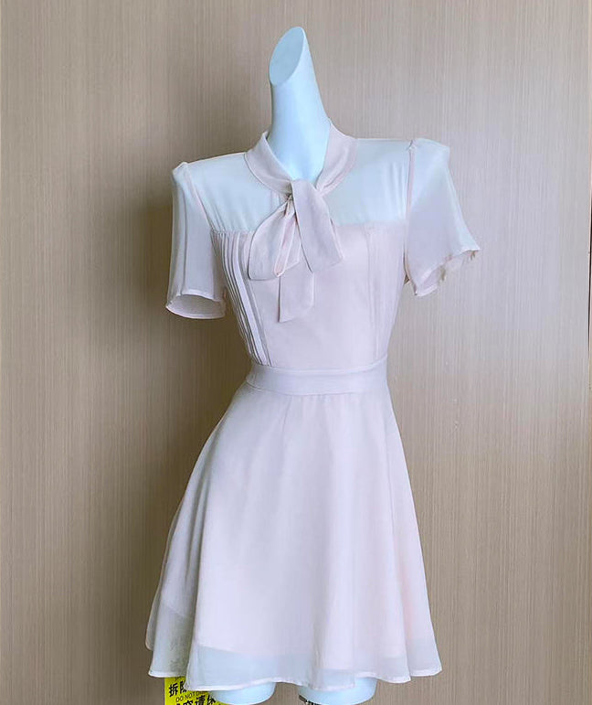 Plus Size French Blush Tie-Neck Chiffon Dress (Mini & Midi Lengths)