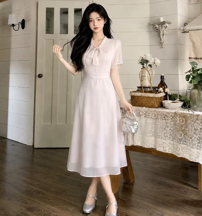 Plus Size French Blush Tie-Neck Chiffon Dress (Mini & Midi Lengths)