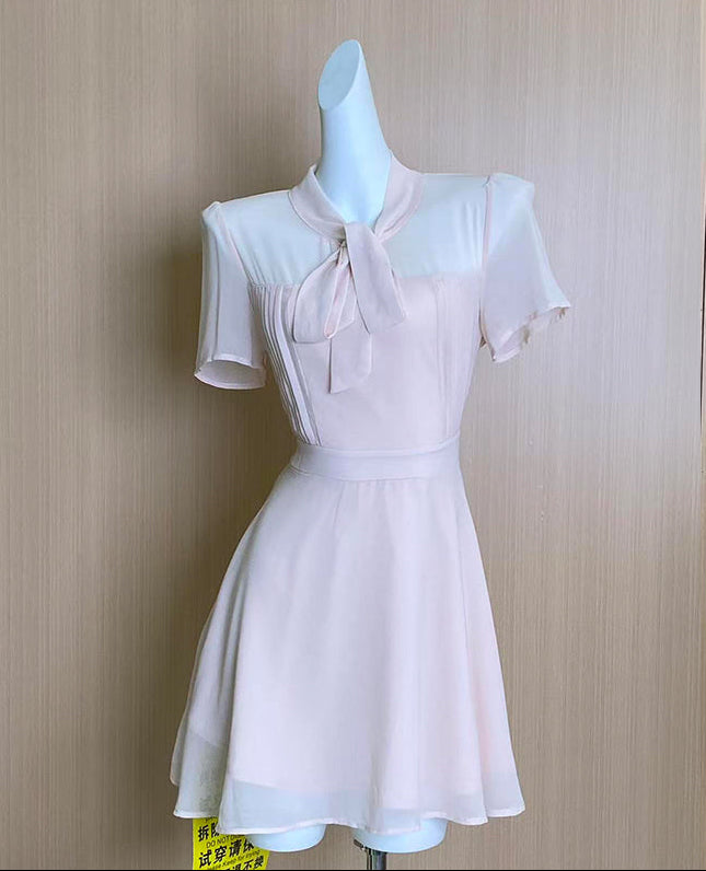 Plus Size French Blush Tie-Neck Chiffon Dress (Mini & Midi Lengths)