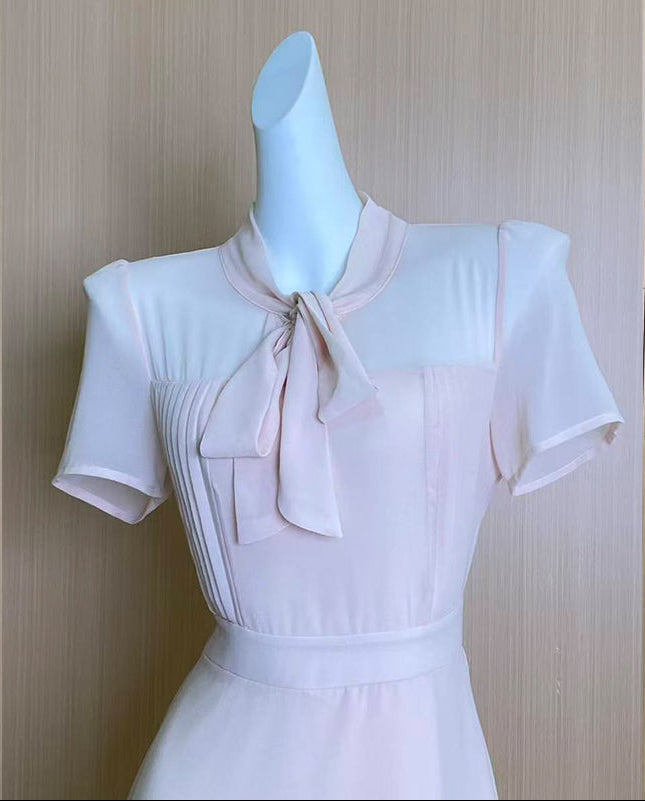 Plus Size French Blush Tie-Neck Chiffon Dress (Mini & Midi Lengths)