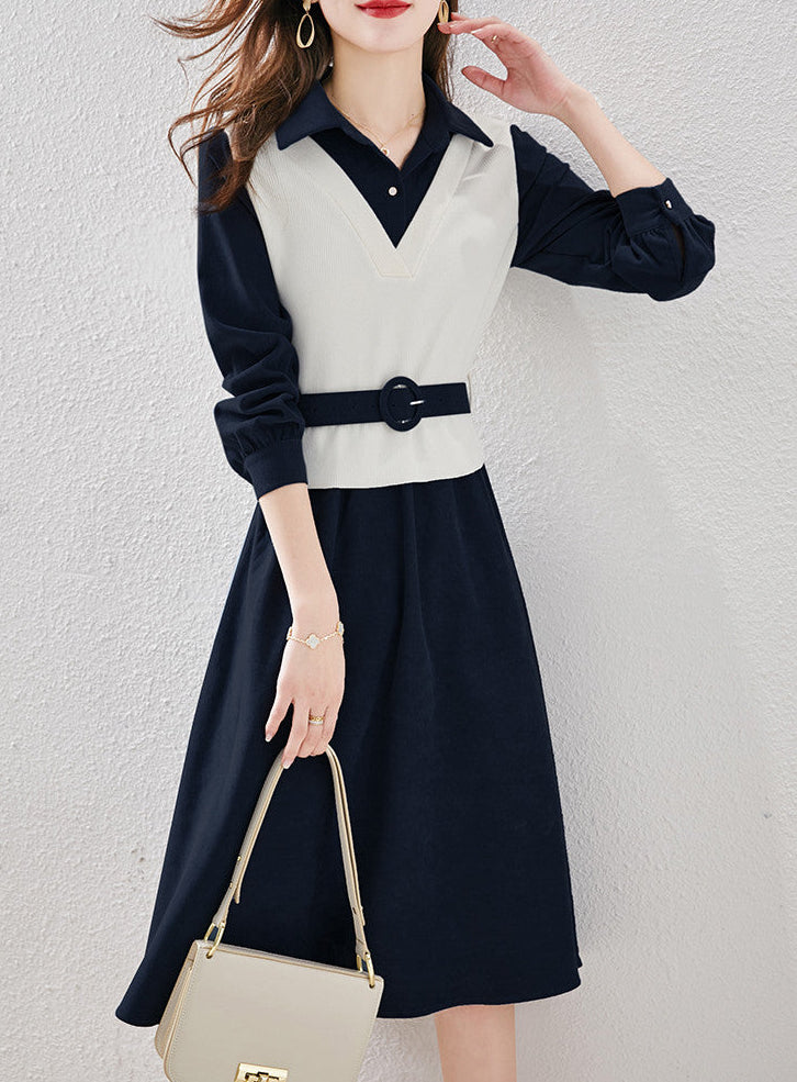 Spring Contrast V-Neck Layered Shirt Dress with Belt