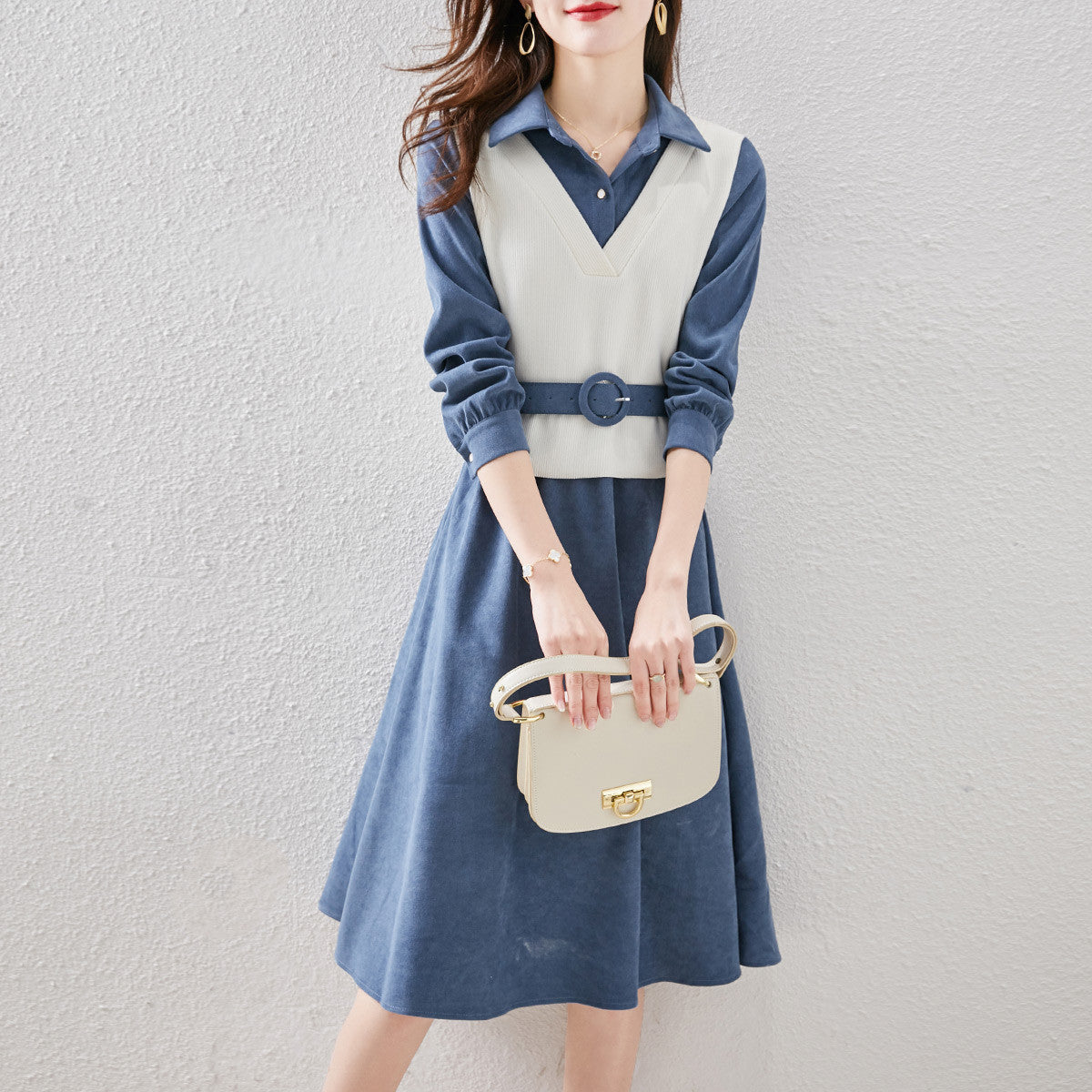 Spring Contrast V-Neck Layered Shirt Dress with Belt