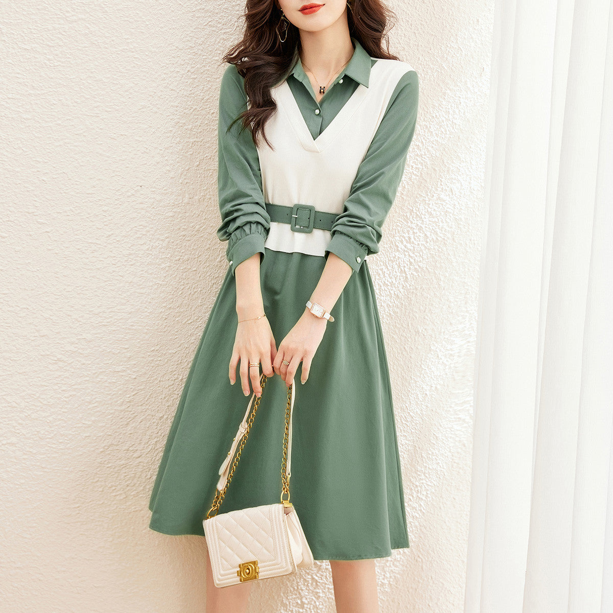 Spring Contrast V-Neck Layered Shirt Dress with Belt