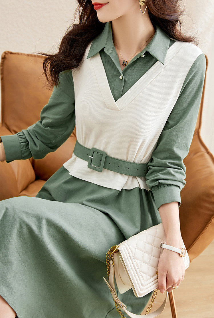 Spring Contrast V-Neck Layered Shirt Dress with Belt