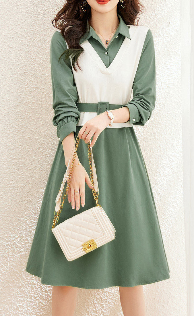 Spring Contrast V-Neck Layered Shirt Dress with Belt