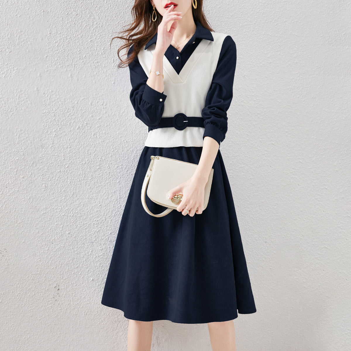 Spring Contrast V-Neck Layered Shirt Dress with Belt